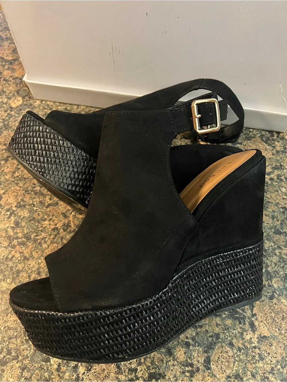BAMBOO Black Suede Peep-Toe Wedge Sandals with Gold Buckle